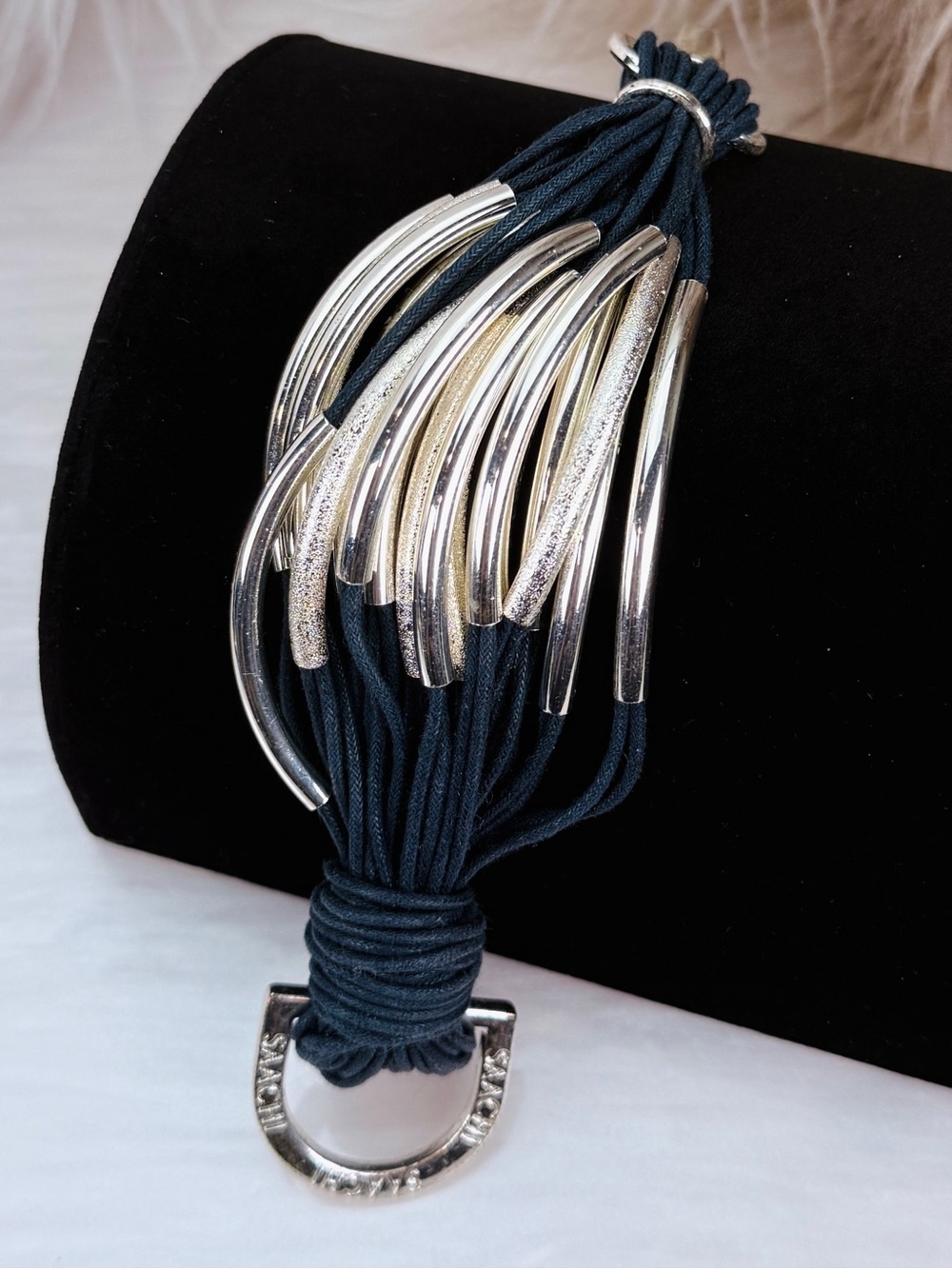 Chunky Silvertone Tube Multi-Strand Navy Cord Bracelet